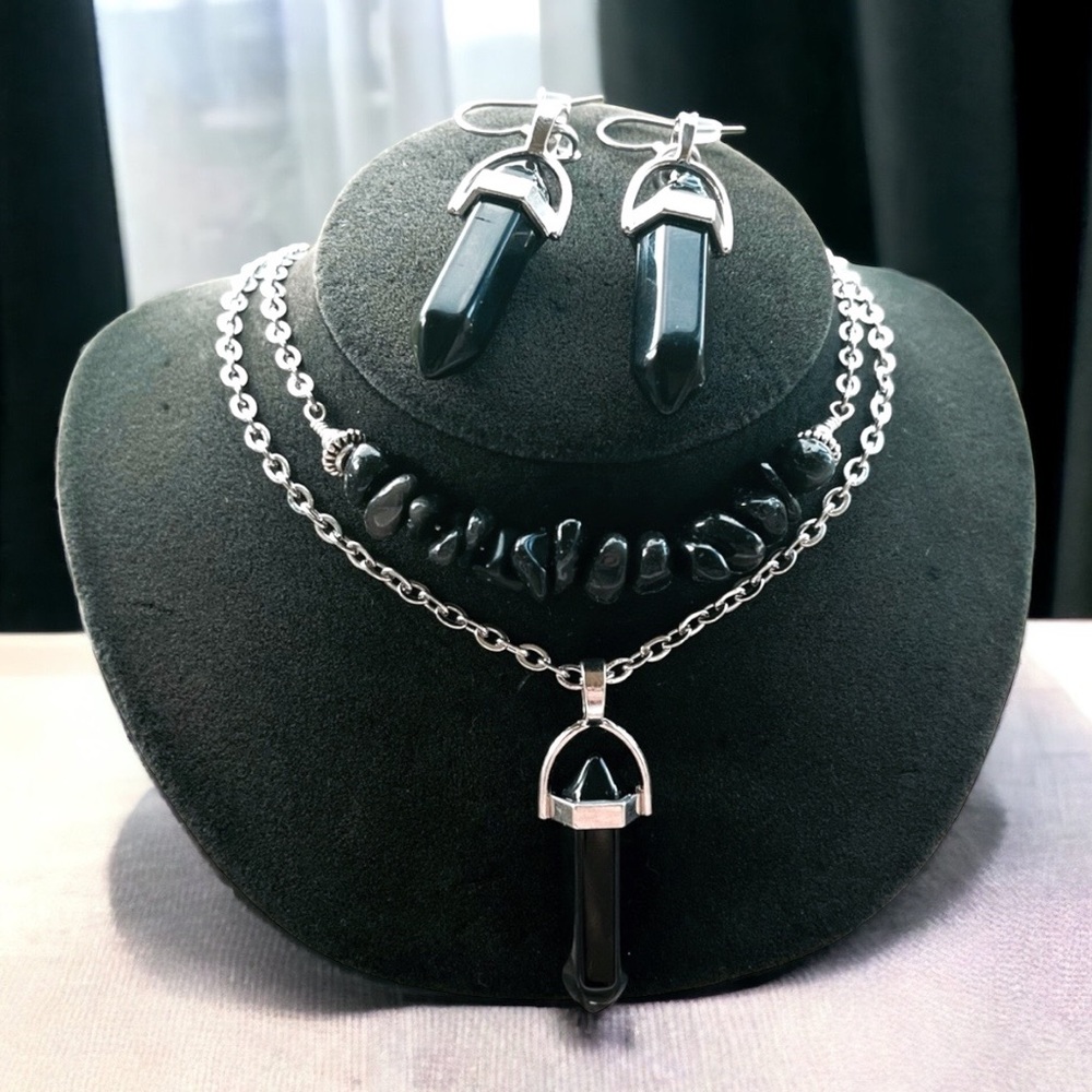 Set ! Black obsidian bullet necklace + mayching dangly earrings goth boho celtic